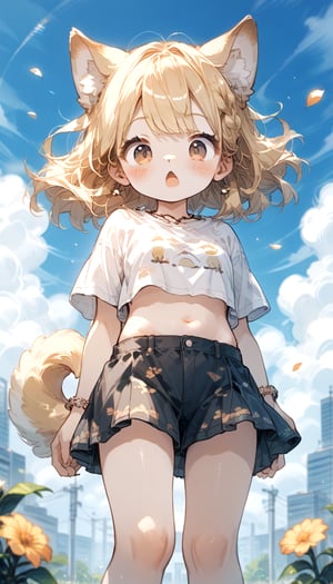 score_9_up, score_8_up, score_7_up,score_6_up,score_5_up,source_anime,source_furry,masterpiece,best quality,illustration,cute,kawaii,1girl,solo,dog ears,blonde hair,french braid,gradient brown eyes,midriff,groin,Deformed,feral furry,(underboob:0.8),wind,from below,surprised,blush