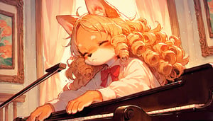 score_9, score_8up, score_7up, score_6up, score_5up,source_anime,cute,kawaii,1girl,solo,blonde hair,dog ears fluff,,brown eyes,(playing piano:1.3),closed eyes,Oil painting style,Fine art parody,(furry:1.3),(Serious:0.7),curly hair,(pianist:1.5)