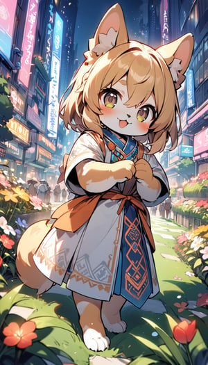 1girl,solo,dog ears,french braid,blonde hair,detailed and gradient brown eyes,(knight dress:1.1),(ainu dress:1.1),standing
BREAK
outdoors,spring flower garden,night,(cybercity:1.3),magnificent view
BREAK
masterpiece,best quality,ultra detailed,highres,absurdres,illustration,cute,kawaii,perfect arrangement,(brave:1.3),(furry:1.15),furry