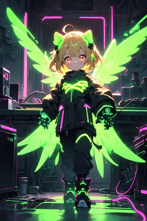 anthro,cute,kawaii,1girl,solo,dog ears,blonde hair,gradient brown eyes,(glowing neon green mechanical wings:1.3),high-contrast anime-style,(darkness room:1.3)