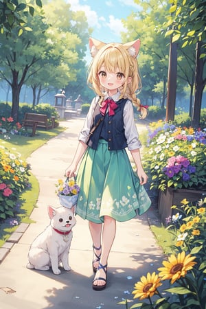 The illustration depicts a furry cute girl, dressed stylishly, in a bright early summer park. She is dressed lightly to match the early summer climate, with a big smile on her face. Around her, fresh green trees and colorful (flowers are in full bloom:1.3) 
BREAK
Her outfit is light to match the early summer climate, consisting of a flared skirt and blouse combination, sandals on her feet, giving refreshing impression. Her hair is long and flowing in the wind, with a small earring shining in her ear.vest
BREAK
1girl,solo,dog ears,french braid,blonde hair,detailed and gradient brown eyes,cute,kawaii,(from above:0.8)