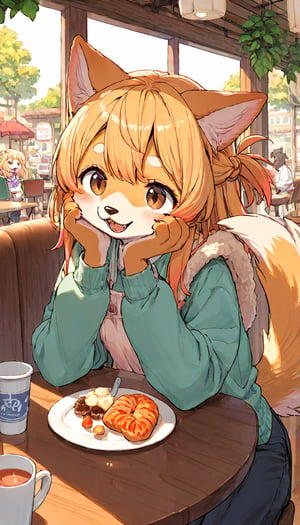 score_9, score_8up, score_7up, score_6up, score_5up,source_anime,source_furry,(furry:1.3),dog anthro,cute,kawaii,1girl,solo,blonde hair,dog ears fluff,french braid,brown eyes,Mont Blanc,cafe,indoors,cozy,downlight,enraptured,happy,