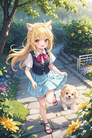 The illustration depicts a high school girl, dressed stylishly, in a bright early summer park. She is dressed lightly to match the early summer climate, with a big smile on her face. Around her, fresh green trees and colorful (flowers are in full bloom:1.3) 
BREAK
Her outfit is light to match the early summer climate, consisting of a flared skirt and blouse combination, sandals on her feet, giving refreshing impression. Her hair is long and flowing in the wind, with a small earring shining in her ear.vest
BREAK
1girl,solo,dog ears,french braid,blonde hair,detailed and gradient brown eyes,cute,kawaii,(from above:0.8)