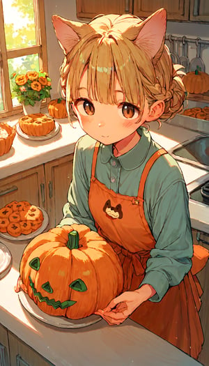 score_9, score_8up, score_7up, score_6up, score_5up,source_anime,cute,kawaii,1girl,solo,blonde hair,dog ears fluff,french braid,brown eyes,making Pumpkin pudding,indoors,kitchen,