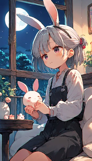 score_9, score_8up, score_7up, score_6up, score_5up,source_anime,cute,kawaii,1girl,solo,silver hair,rabbit ears,(mochi:1.2),indoors,night,sanshoku dango,moon country