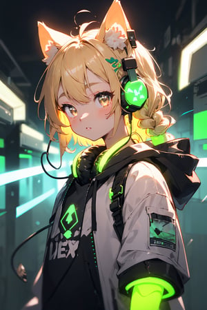 masterpiece,best quality,ultra detailed,highres,absurdres,illustratio,anthro,cute,kawaii,1girl,solo,dog ears,blonde hair,gradient brown eyes,(glowing neon green　headphone:1.2),cool,stylish,french_braid