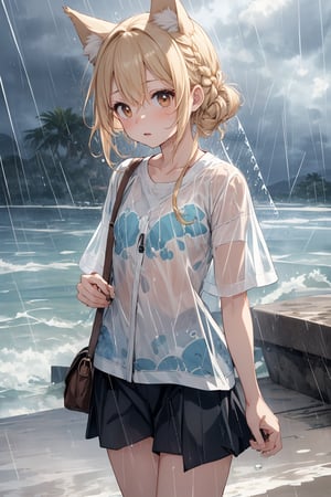 masterpiece,best quality,ultra detailed,highres,absurdres,illustration,cute,kawaii,BREAK 1girl,solo,dog ears,french braid,blonde hair,detailed and gradient brown eyes,(downpour:1.5),ootd,stunned look,(shock:1.3),short sleeves BREAK outdoors,(rainy:1.3),heavy rainstorm,beach,ocean,okinawa,magnificent view,overlooking,