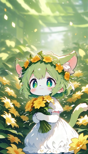 score_9_up, score_8_up, score_7_up,score_6_up,score_5_up,source_anime,masterpiece,best quality,illustration,cute,kawaii,1girl,solo,furry white cat female,white fur, cat tail, messy short green hair, flower crown, green eyes, thick green eyebrows, white and green dress,short sleeves,(royal:1.2),elegance,graceful,small breasts,high waist,light smile,(petite:1.2),source_furry,