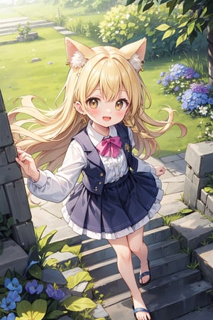 The illustration depicts a furry cute girl, dressed stylishly, in a bright early summer park. She is dressed lightly to match the early summer climate, with a big smile on her face. Around her, fresh green trees and colorful (flowers are in full bloom:1.1),(girlish:1.2),(feminine:1.3),soft,texture
BREAK
Her outfit is light to match the early summer climate, consisting of a flared skirt and blouse combination, sandals on her feet, giving refreshing impression. Her hair is long and flowing in the wind, with a small earring shining in her ear.vest
BREAK
1girl,solo,dog ears,french braid,blonde hair,detailed and gradient brown eyes,cute,kawaii,(from above:1.1),stone staircase