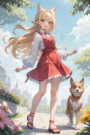 The illustration depicts a high school girl, dressed stylishly, in a bright early summer park. She is dressed lightly to match the early summer climate, with a big smile on her face. Around her, fresh green trees and colorful (flowers are in full bloom:1.3) 
BREAK
Her outfit is light to match the early summer climate, consisting of a flared skirt and blouse combination, sandals on her feet, giving an overall refreshing impression. Her hair is long and flowing in the wind, with a small earring shining in her ear.
BREAK
1girl,solo,dog ears,french braid,blonde hair,detailed and gradient brown eyes,cute,kawaii,