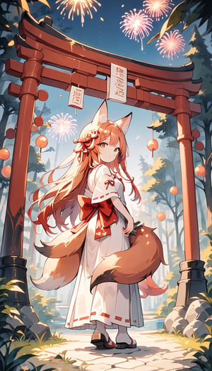 score_9_up, score_8_up, score_7_up,score_6_up,score_5_up,source_anime,masterpiece,best quality,illustration,cute,kawaii,1girl,solo,sliver hair,long hair,fox ears,fox tails,formal miko dress primarily white with golden and red embroidery,The hem of the dress flares out gracefully,perfectly complementing her overall look,looking back,torii,shrine gate,fireworks,(dark forest:1.3)