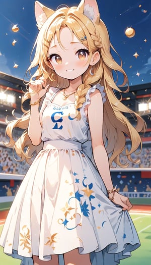 score_9_up, score_8_up, score_7_up,score_6_up,score_5_up,source_anime,masterpiece,best quality,illustration,cute,kawaii,1girl,solo,blonde hair,french_braid,dog ears,gradient brown eyes,At the (Olympic closing ceremony:1.5),Her expression reflects both the sadness of the event’s end and the satisfaction of having given her all. Amidst the applause and cheers from the audience,night,formal dress primarily white with golden embroidery,beautifully shimmering in the light,The hem of the dress flares out gracefully, swaying elegantly with her movements. She wears simple yet elegant heels, perfectly complementing her overall look,the girl wears a beaming smile