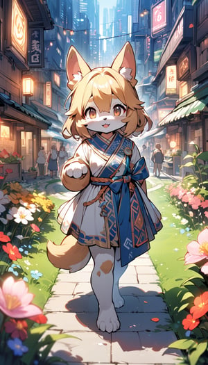 1girl,solo,dog ears,french braid,blonde hair,detailed and gradient brown eyes,(knight dress:1.1),(ainu dress:1.1),standing
BREAK
outdoors,spring flower garden,night,(cybercity:1.3),magnificent view
BREAK
masterpiece,best quality,ultra detailed,highres,absurdres,illustration,cute,kawaii,perfect arrangement,(brave:1.3),(furry:1.15),furry