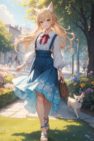 The illustration depicts a high school girl, dressed stylishly, in a bright early summer park. She is dressed lightly to match the early summer climate, with a big smile on her face. Around her, fresh green trees and colorful flowers are in full bloom 
BREAK
Her outfit is light to match the early summer climate, consisting of a flared skirt and blouse combination, sandals on her feet, giving an overall refreshing impression. Her hair is long and flowing in the wind, with a small earring shining in her ear.
BREAK
1girl,solo,dog ears,french braid,blonde hair,detailed and gradient brown eyes