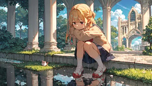 score_9, score_8up, score_7up, score_6up, score_5up,source_anime,cute,kawaii,1girl,solo,blonde hair,french braid,school uniform,after rain,puddle,arch rainbow,reflection sky