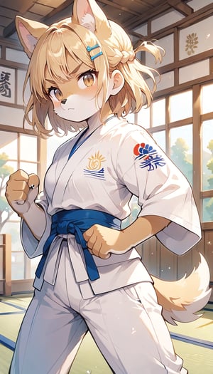 score_9_up, score_8_up, score_7_up,score_6_up,score_5_up,source_anime,masterpiece,best quality,illustration,cute,kawaii,1girl,solo,blonde hair,french_braid,dog ears,gradient brown eyes,paris olympic,judo, wearing judo wear,tatami,judo,sutanding,serious,indoors,white pants,furry,judo match