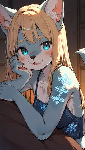 score_9, score_8up, score_7up, score_6up, score_5up,source_anime,source_furry,(furry:1.3),anthro,cute,kawaii,1girl,solo,dog ears,blonde hair,indoors,(dark room:1.0),(her face adorned with glowing neon blue snowflake tattoos:1.2),The intricateilluminate the shadows around her,high-contrast anime-style,