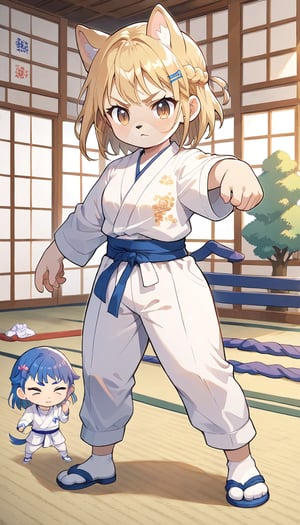 score_9_up, score_8_up, score_7_up,score_6_up,score_5_up,source_anime,masterpiece,best quality,illustration,cute,kawaii,1girl,solo,blonde hair,french_braid,dog ears,gradient brown eyes,paris olympic,judo, wearing judo wear,tatami,judo,sutanding,serious,indoors,furry,judo match,(female judo athlete:1.4),Judo combat pose,chibi