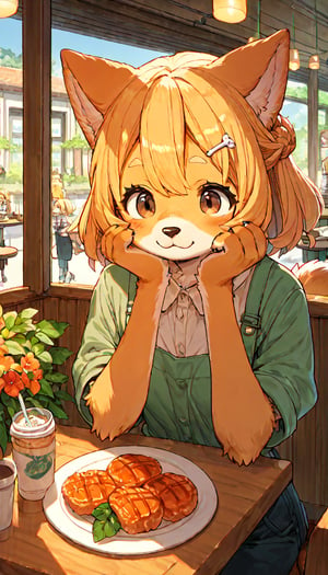 score_9, score_8up, score_7up, score_6up, score_5up,source_anime,source_furry,(furry:1.3),dog anthro,cute,kawaii,1girl,solo,blonde hair,dog ears fluff,french braid,brown eyes,Mont Blanc,cafe,indoors,cozy,downlight,enraptured