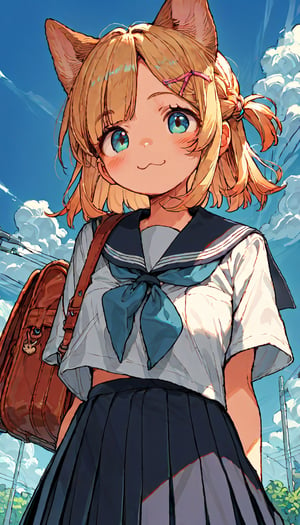 score_9, score_8up, score_7up, score_6up, score_5up,source_anime,source_furry,cute,kawaii,1girl,solo,blonde hair,french braid,dog ears,school uniform,clear blue sky,