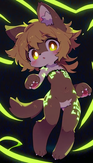 (furry:1.3),anthro,cute,kawaii,1girl,solo,dog ears,blonde hair,gradient brown eyes,her body adorned with (glowing neon green noisy tattoo,on skin:1.5),high-contrast anime-style,full body,see-through,(darkness room:1.3)