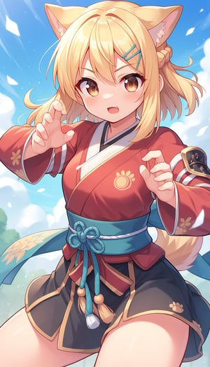 score_9_up, score_8_up, score_7_up,score_6_up,score_5_up,best quality,masterpiece,illustration,cute,kawaii,1girl,solo,dog ears,blonde hair,french braid,gradient brown eyes,japanese armor,battle filed,(>:):1.3),(kunai:1.2),battle_stance