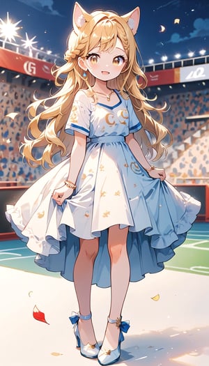 score_9_up, score_8_up, score_7_up,score_6_up,score_5_up,source_anime,masterpiece,best quality,illustration,cute,kawaii,1girl,solo,blonde hair,french_braid,dog ears,gradient brown eyes,At the (Olympic closing ceremony:1.5),Her expression reflects both the sadness of the event’s end and the satisfaction of having given her all. Amidst the applause and cheers from the audience,night,formal dress primarily white with golden embroidery,beautifully shimmering in the light,The hem of the dress flares out gracefully, swaying elegantly with her movements. She wears simple yet elegant heels, perfectly complementing her overall look,the girl wears a beaming smile