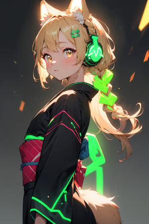 masterpiece,best quality,ultra detailed,highres,absurdres,illustratio,anthro,cute,kawaii,1girl,solo,dog ears,blonde hair,gradient brown eyes,(glowing neon green　headphone:1.2),cool,stylish,french_braid,kimono dress,hair ornament