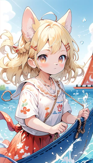 score_9_up, score_8_up, score_7_up,score_6_up,score_5_up,source_anime,masterpiece,best quality,illustration,cute,kawaii,1girl,solo,blonde hair,french_braid,dog ears,gradient brown eyes,On the Olympic stage, a woman is sailing with all her might. Her face shows a serious expression, and you can see the tension in her muscles. Amidst the splashing water, her boat moves forward powerfully, with the audience’s eyes focused on her. Her figure, putting everything into this moment, truly embodies the beauty and tension of sports, score_9_up,(sailing:1.5),sailboat