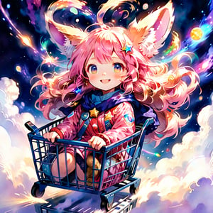 score_9_up, score_8_up, score_7_up,score_6_up,score_5_up,source_anime,masterpiece,best quality,illustration,cute,kawaii,1girl,solo,pink Iridescent hair,wofl girl,long hair,on shopping cart,The girl riding a shopping cart through warp space speeds forward as if cutting through the wind. Her hair dances in the breeze, and her eyes are filled with sparkle. Stars and galaxies spread out around the cart, creating a fantastical scene as if she is racing through the universe. Her smile is full of adventure, evoking a sense of limitless possibilities,source_furry,(furry:1.5),watercolor \(medium\),speed,speed_lines,(sense of speed:1.3)