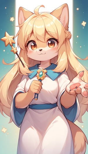 score_9_up, score_8_up, score_7_up,score_6_up,score_5_up,best quality,masterpiece,illustration,cute,kawaii,1girl,solo,dog ears,blonde hair,french braid,gradient brown eyes,healing magic,wand,priestess,furry