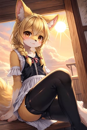 masterpiece,best quality,ultra detailed,highres,absurdres,illustration,cute,kawaii,(girlish:1.1),feminine,soft,texture,long eyelash,
BREAK 1girl,solo,dog ears,french braid,blonde hair,detailed and gradient brown eyes,girly ainu,solar flare,kemono,(furry:1.3),black leggings,