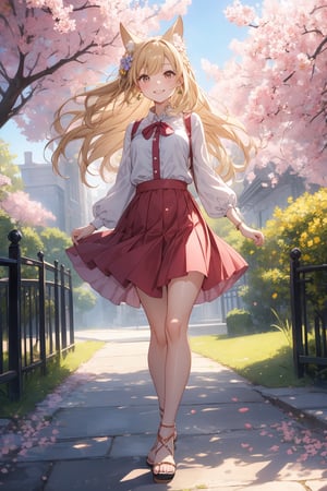 The illustration depicts a high school girl, dressed stylishly, in a bright early summer park. She is dressed lightly to match the early summer climate, with a big smile on her face. Around her, fresh green trees and colorful (flowers are in full bloom:1.3) 
BREAK
Her outfit is light to match the early summer climate, consisting of a flared skirt and blouse combination, sandals on her feet, giving an overall refreshing impression. Her hair is long and flowing in the wind, with a small earring shining in her ear.
BREAK
1girl,solo,dog ears,french braid,blonde hair,detailed and gradient brown eyes,cute,kawaii,