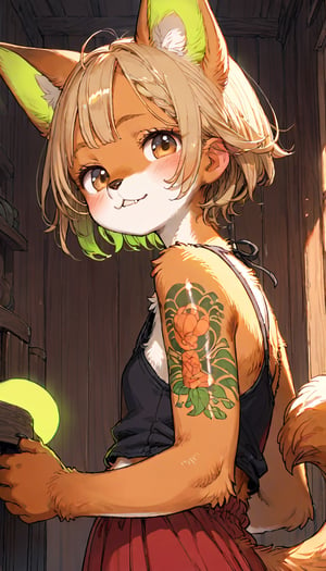 score_9, score_8up, score_7up, score_6up, score_5up,source_anime,source_furry,(furry:1.3),anthro,cute,kawaii,1girl,solo,dog ears,blonde hair,gradient brown eyes,indoors,(dark room:1.4),her body adorned with (glowing neon green zentangle tattoos:1.4),The intricateilluminate the shadows around her,(upper face:1.3),high-contrast anime-style,