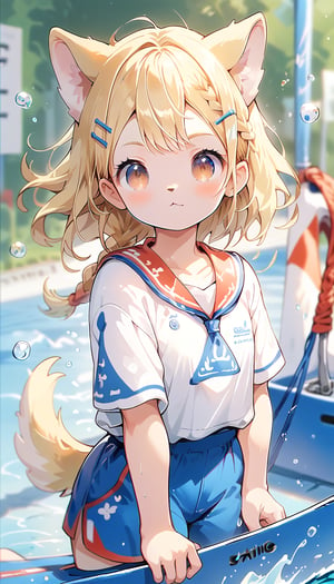 score_9_up, score_8_up, score_7_up,score_6_up,score_5_up,source_anime,masterpiece,best quality,illustration,cute,kawaii,1girl,solo,blonde hair,french_braid,dog ears,gradient brown eyes,On the Olympic stage, a woman is sailing with all her might. Her face shows a serious expression, and you can see the tension in her muscles. Amidst the splashing water, her boat moves forward powerfully, with the audience’s eyes focused on her. Her figure, putting everything into this moment, truly embodies the beauty and tension of sports, score_9_up,(sailing:1.5)