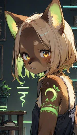 score_9, score_8up, score_7up, score_6up, score_5up,source_anime,source_furry,(furry:1.3),anthro,cute,kawaii,1girl,solo,dog ears,blonde hair,gradient brown eyes,indoors,(dark room:1.4),her body adorned with (glowing neon green geometric pattern tattoos:1.5),The intricate geometric pattern illuminate the shadows around her,upper body,high-contrast anime-style,