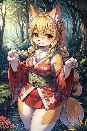 masterpiece,best quality,ultra detailed,highres,absurdres,illustration,cute,kawaii,(furry:1.3),(fluffy body:1.3) BREAK 1girl,solo,dog ears,french braid,blonde hair,detailed and gradient brown eyes,sleeveless kimono,miniskirt,floral print,druid,aristocrat  BREAK outdoors,deep forest,deep crimson,magnificent view,overlooking 