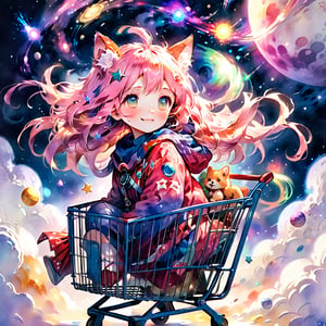 score_9_up, score_8_up, score_7_up,score_6_up,score_5_up,source_anime,masterpiece,best quality,illustration,cute,kawaii,1girl,solo,pink Iridescent hair,wofl girl,long hair,on shopping cart,The girl riding a shopping cart through warp space speeds forward as if cutting through the wind. Her hair dances in the breeze, and her eyes are filled with sparkle. Stars and galaxies spread out around the cart, creating a fantastical scene as if she is racing through the universe. Her smile is full of adventure, evoking a sense of limitless possibilities,source_furry,(furry:1.5),watercolor \(medium\)