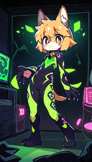 (furry:1.3),anthro,cute,kawaii,1girl,solo,dog ears,blonde hair,gradient brown eyes,indoors,(dark room:1.4),her body adorned with (glowing neon green zentangle heresy tattoos all over body:1.4),(bodysuit:1.3),high-contrast anime-style,full body,