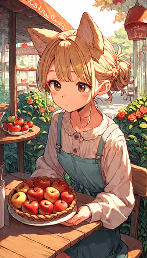 score_9, score_8up, score_7up, score_6up, score_5up,source_anime,cute,kawaii,1girl,solo,blonde hair,dog ears fluff,french braid,brown eyes,Apple pie,outdoors,cafe,cozy,enraptured,daylight,