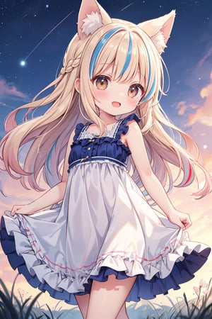 masterpiece,best quality,ultra detailed,highres,absurdres,illustration,silky-soft,creamy complexion,cute,kawaii,(Exciting:1.2),happy,loli,petite   BREAK 1girl,solo,dog ears,french braid,blonde and (blue streaked hair:1.3),highlights hair,detailed and gradient brown eyes,(light pink camisole dress:1.1),(frills:1.2),walking, BREAK outdoors,overlooking,(twilight sky:1.2),deep blue sky,starry sky,grass