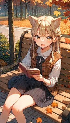 score_9, score_8up, score_7up, score_6up, score_5up,source_anime,cute,kawaii,1girl,solo,blonde hair,dog ears fluff,french braid,brown eyes,sweet,silk blouse,three-quarter length (tulle skirt:1.3),Argyle Plaid vest,autumn,road,park,graceful,sitting bench,reading book,looking at viewer,open mouth