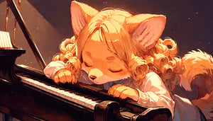 score_9, score_8up, score_7up, score_6up, score_5up,source_anime,cute,kawaii,1girl,solo,blonde hair,dog ears fluff,,brown eyes,(playing piano:1.3),closed eyes,Oil painting style,Fine art parody,(furry:1.3),(Serious:0.7),curly hair,(pianist:1.5)