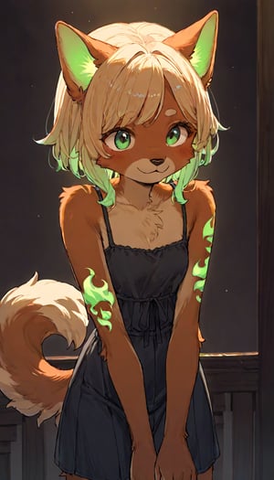 score_9, score_8up, score_7up, score_6up, score_5up,source_anime,source_furry,(furry:1.3),anthro,cute,kawaii,1girl,solo,dog ears,blonde hair,indoors,(dark room:1.3),(her body adorned with glowing neon green flame tattoos:1.2),The intricateilluminate the shadows around her,high-contrast anime-style,