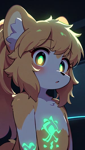 (furry:1.3),anthro,cute,kawaii,1girl,solo,dog ears,blonde hair,gradient brown eyes,indoors,(dark room:1.4),her body adorned with (glowing neon green Ancient magical tattoo,upper body:1.5),high-contrast anime-style,full body,