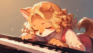 score_9, score_8up, score_7up, score_6up, score_5up,source_anime,cute,kawaii,1girl,solo,blonde hair,dog ears fluff,,brown eyes,closed eyes,(furry:1.3),(Serious:0.7),curly hair,(pianist:1.3)