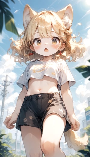 score_9_up, score_8_up, score_7_up,score_6_up,score_5_up,source_anime,source_furry,masterpiece,best quality,illustration,cute,kawaii,1girl,solo,dog ears,blonde hair,french braid,gradient brown eyes,midriff,groin,Deformed,feral furry,(underboob:0.95),wind,from below,surprised,blush,looking_at_viewer,