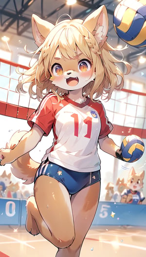  score_9_up, score_8_up, score_7_up,score_6_up,score_5_up,source_anime,masterpiece,best quality,illustration,cute,kawaii,1girl,solo,blonde hair,french_braid,dog ears,gradient brown eyes,On the Olympic stage,a girl playing volleyball. Her sporty posture and focused expression convey a strong determination to win.indoors,volleyball uniform,sweat,serious,(excited:1.1),open mouth,(furry:1.3),(jumping Serve in volleyball:1.4),buruma,(very wide shot:1.3)