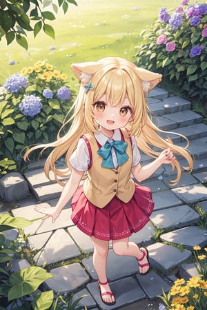 The illustration depicts a furry cute girl, dressed stylishly, in a bright early summer park. She is dressed lightly to match the early summer climate, with a big smile on her face. Around her, fresh green trees and colorful (flowers are in full bloom:1.1),(girlish:1.2),(feminine:1.3),soft,texture
BREAK
Her outfit is light to match the early summer climate, consisting of a flared skirt and blouse combination, sandals on her feet, giving refreshing impression. Her hair is long and flowing in the wind, with a small earring shining in her ear.vest
BREAK
1girl,solo,dog ears,french braid,blonde hair,detailed and gradient brown eyes,cute,kawaii,(from above:1.1),stone staircase