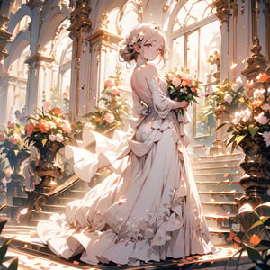 A woman stands at the top of the stairs, wearing a long-train white wedding dress adorned with lace and beads. Her hair is loosely styled in an updo with floral hair accessories. She holds a small bouquet in her hand and looks back with a gentle smile. The background features marble stairs, floral arches, and windows with evening light streaming in. Petals are scattered at her feet. An elegant carriage waits at the bottom of the stairs,furry girl,(long dress:1.5)